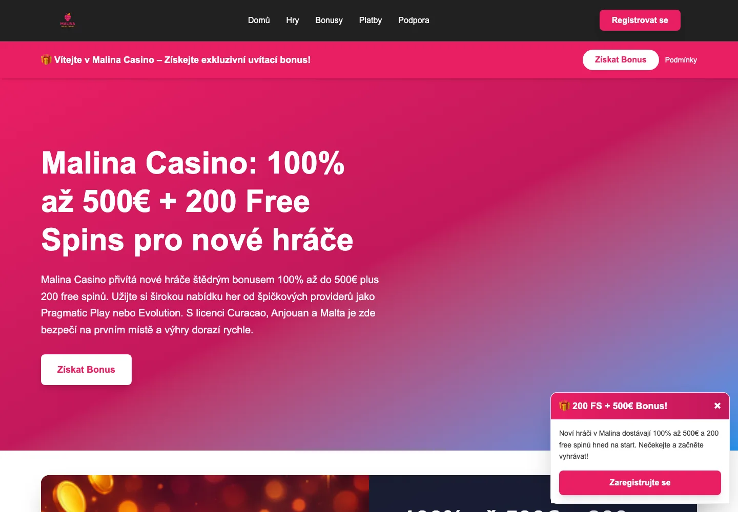 Malina casino website screenshot