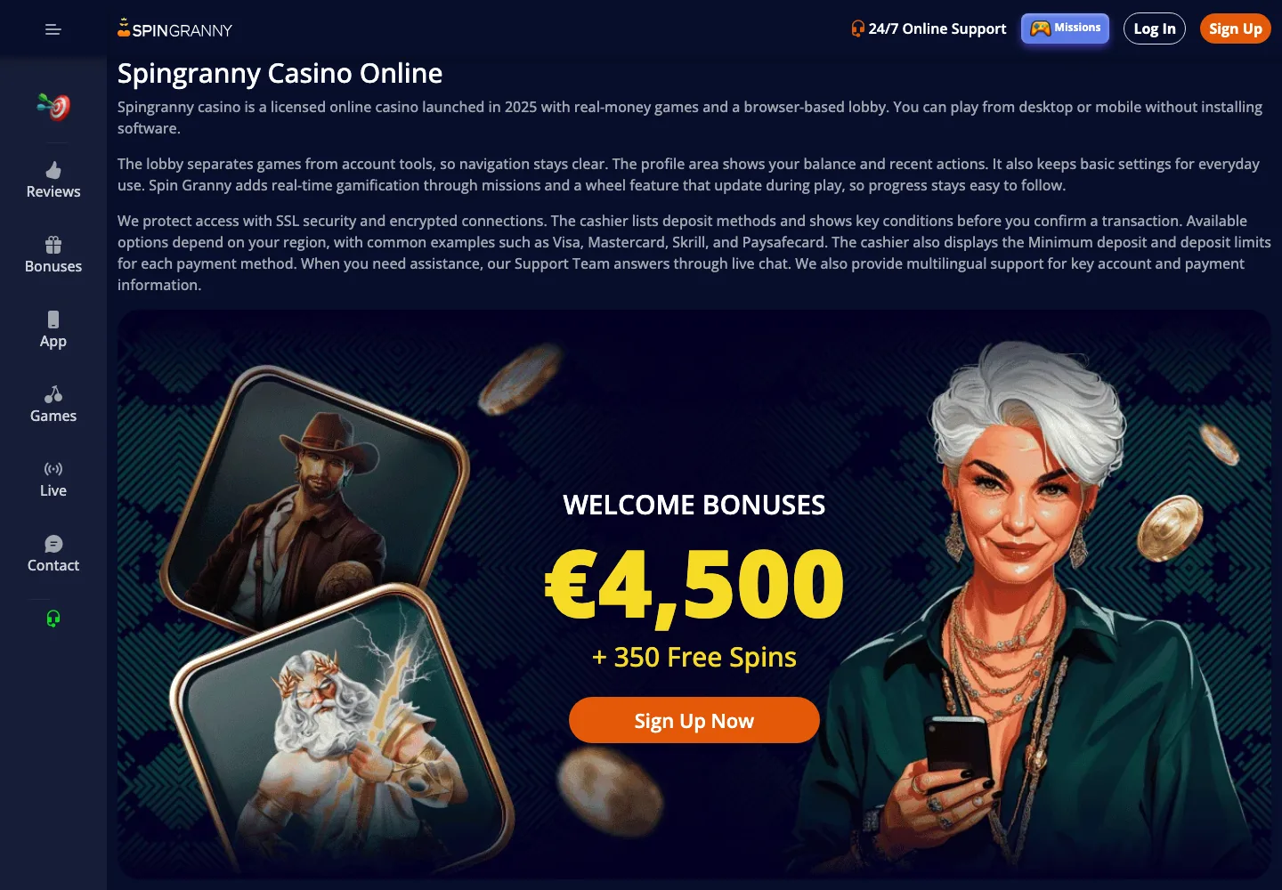 SpinGranny casino website screenshot