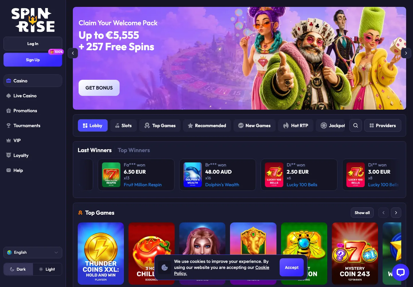 Spinrise casino website screenshot