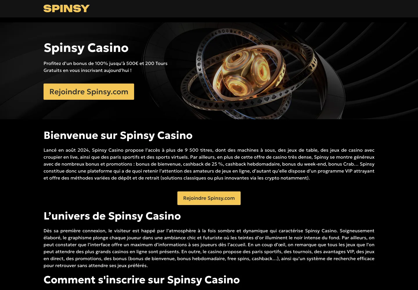 Spinsy casino website screenshot