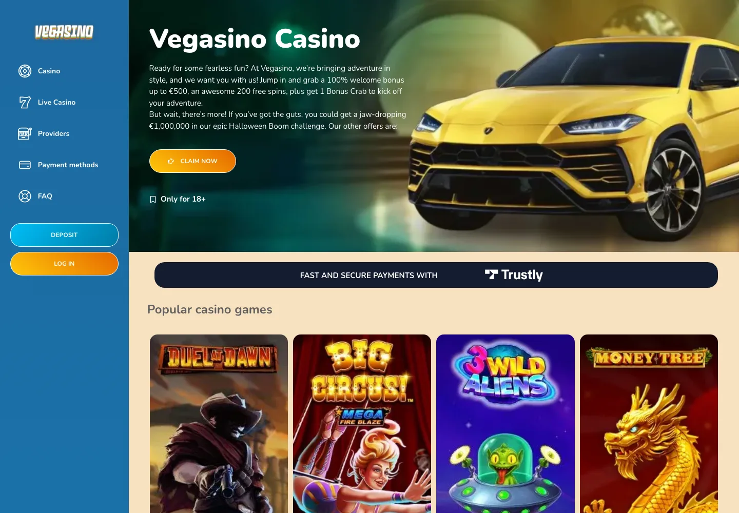 Vegasino casino website screenshot