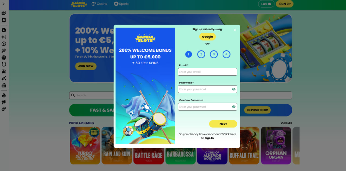 Samba Slots deposit and withdrawal options