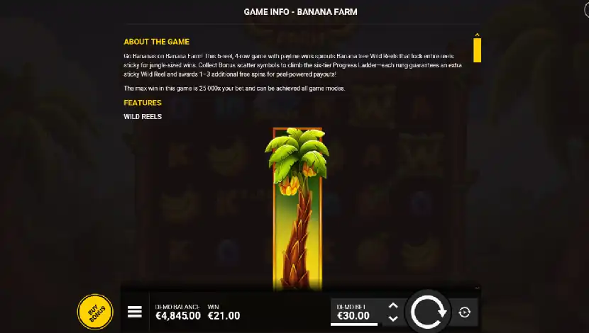 Banana Farm slot rules overview explaining sticky wild reels and bonus ladder