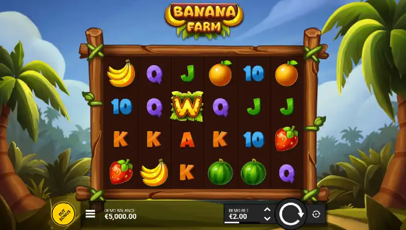 Banana Farm slot paytable with parrot, pig, banana and scatter symbols payouts