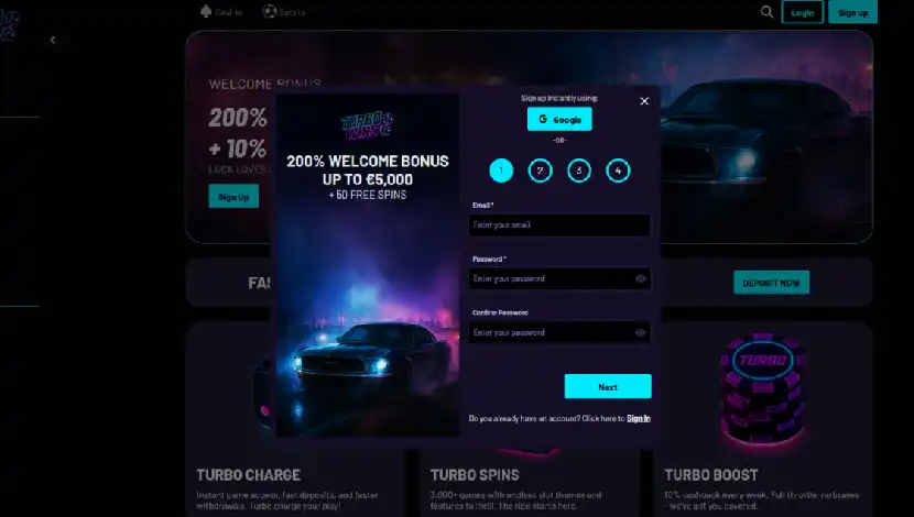 200% welcome bonus up to €5000 + 50 spins at Turbo Wins 200% welcome bonus up to €5000 + 50 spins at Turbo Wins